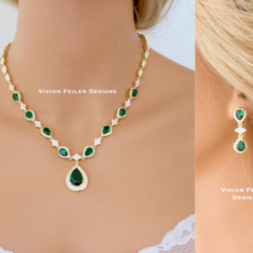 Gold GREEN Necklace Earrings SET for Wedding Bridal Jewelry Set Cubic Zirconia